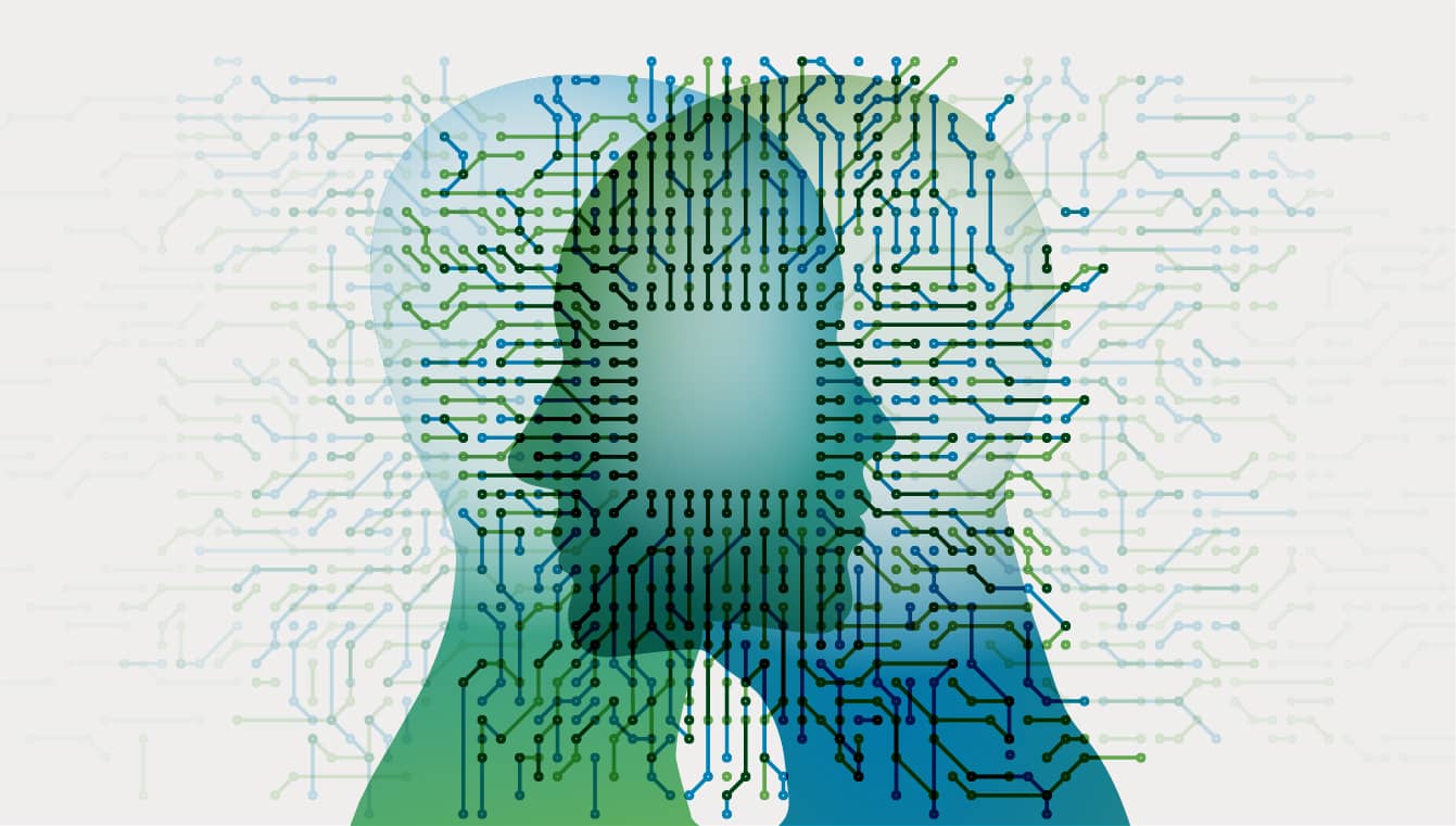 Εικαστικό που απεικονίζει δύο ανθρώπινα πρόσωπα και συνδέσεις καλωδίων που θυμίζουν υπολογιστή.