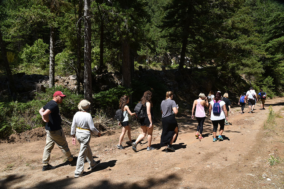 Μια ομάδα ανθρώπων που κάνουν πεζοπορία στα μονοπάτια του χωριού μια ηλιόλουστη μέρα