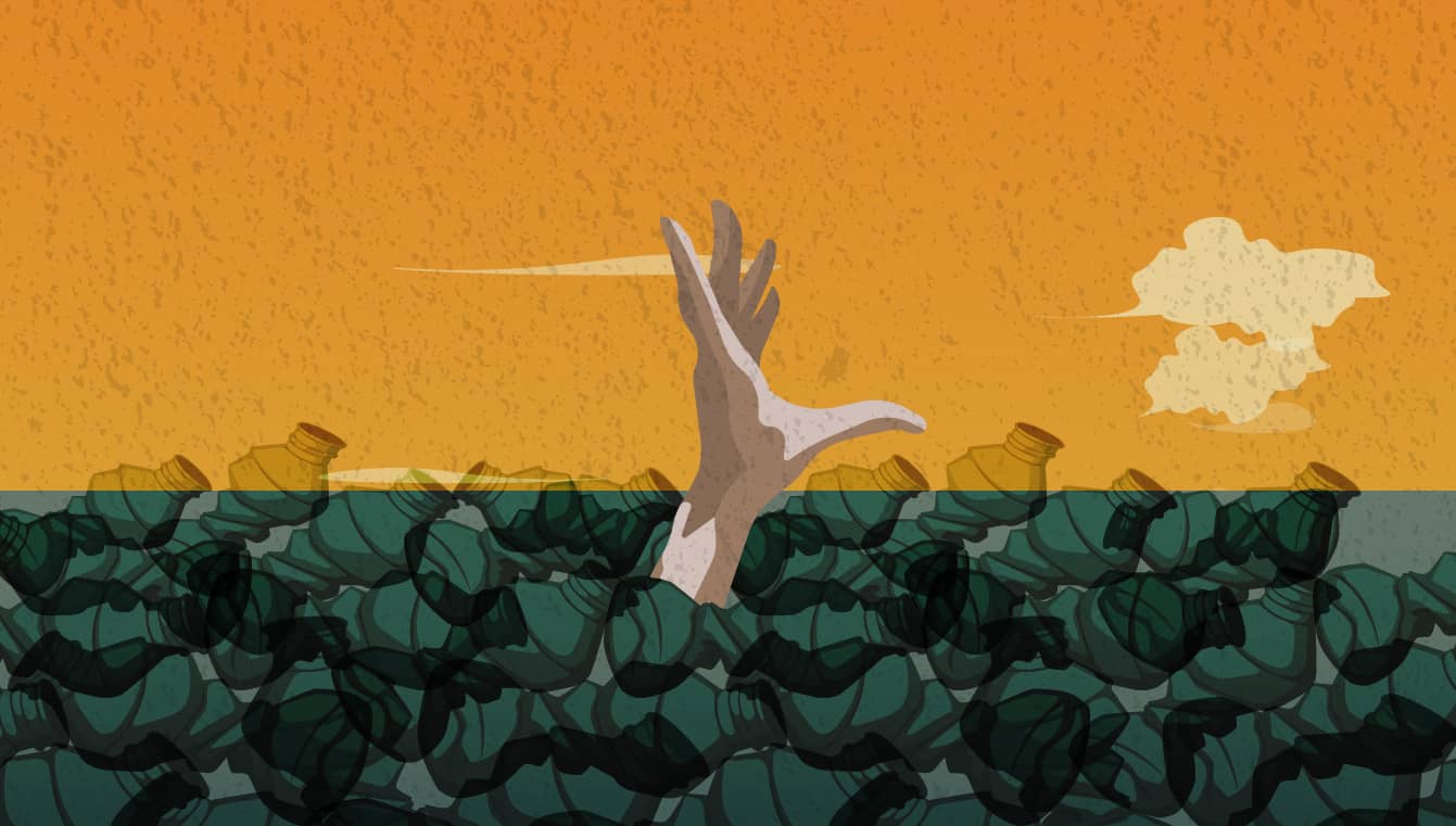 A hand drowned in a sea of plastic bottles reaching out towards a yellow sky