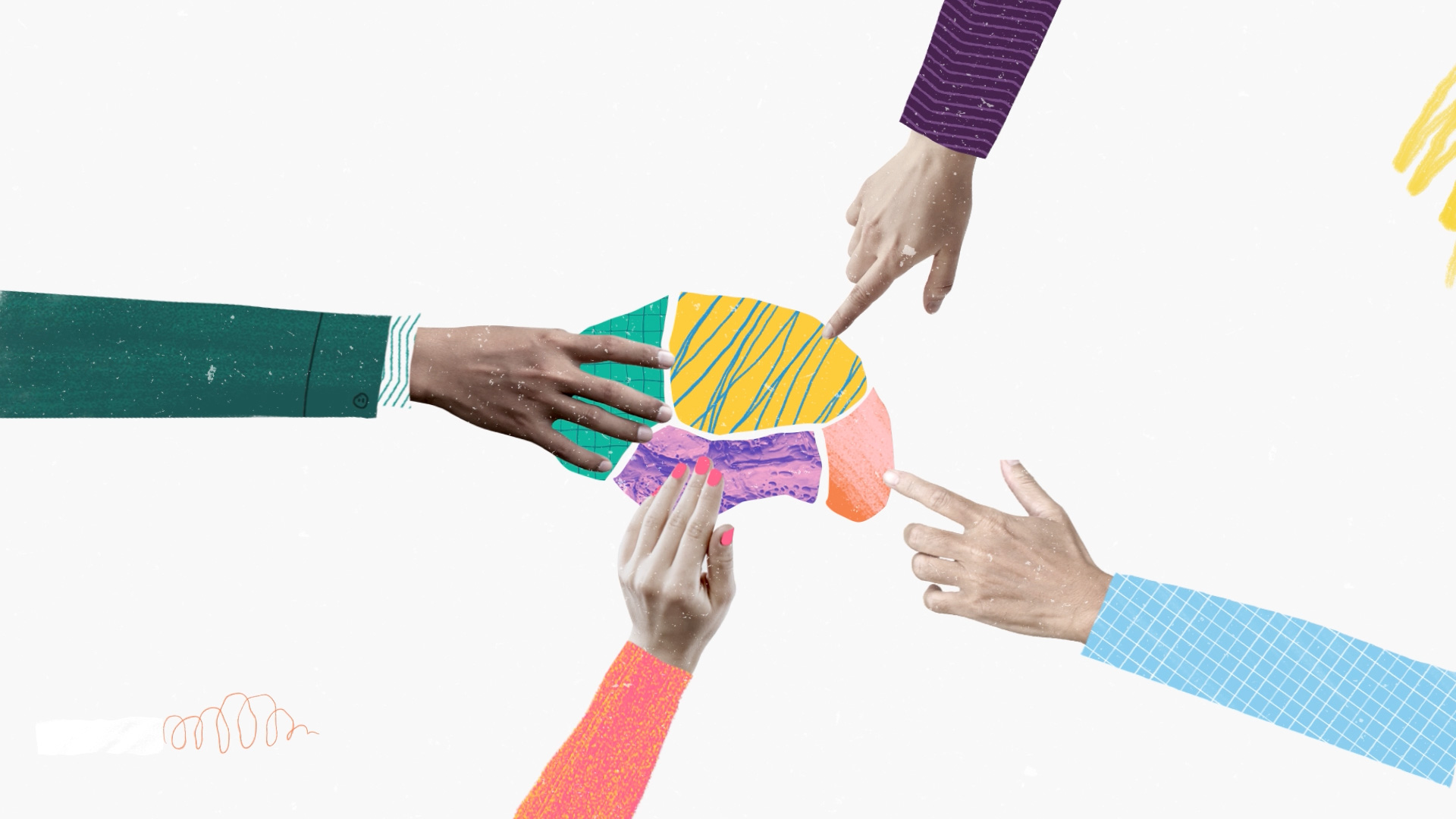 Colorful banner with multiple hands in a circle and the sketch of a brain in the middle