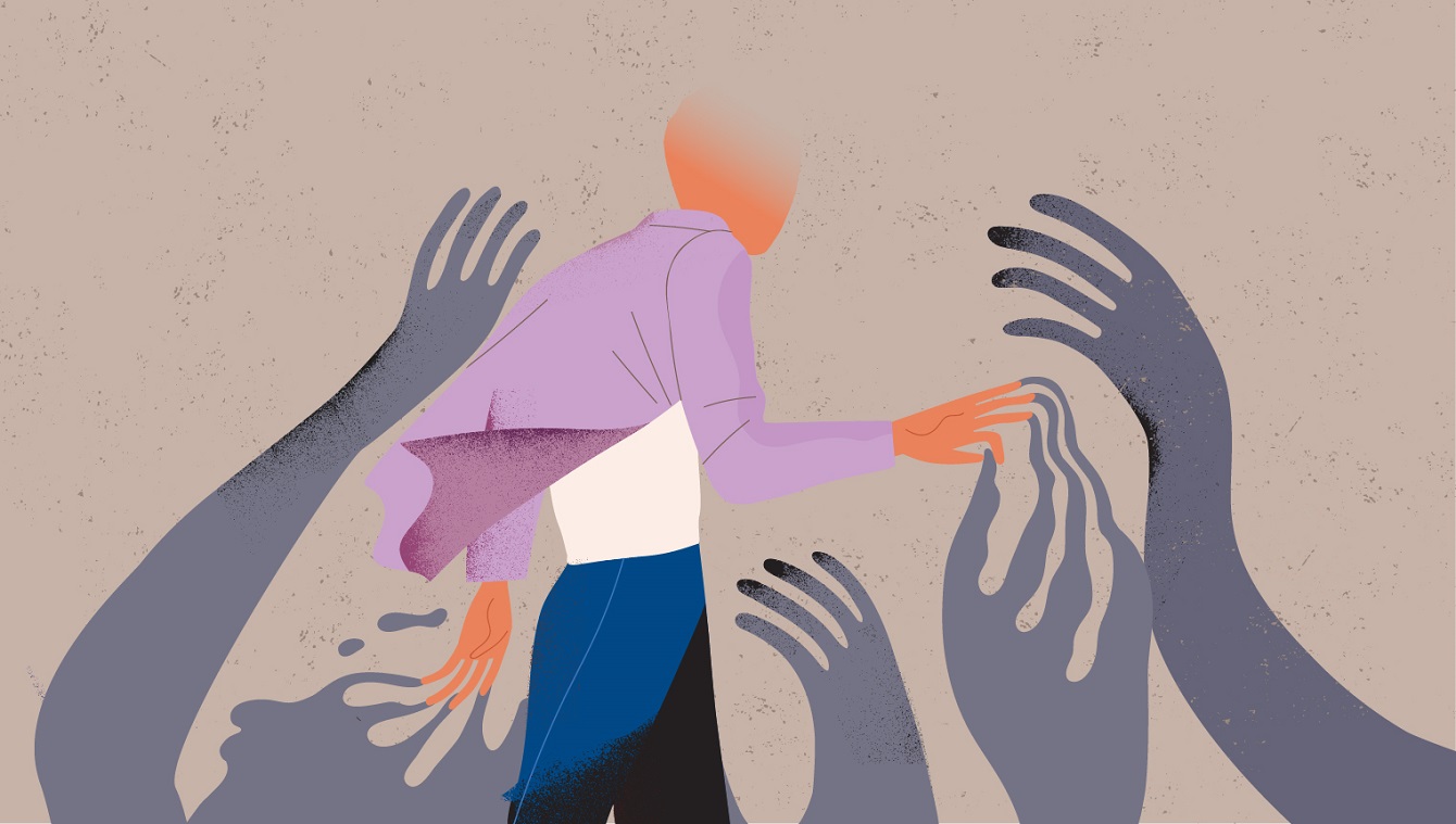 Banner showing the animated figure of a man and several shadows of hands around him.