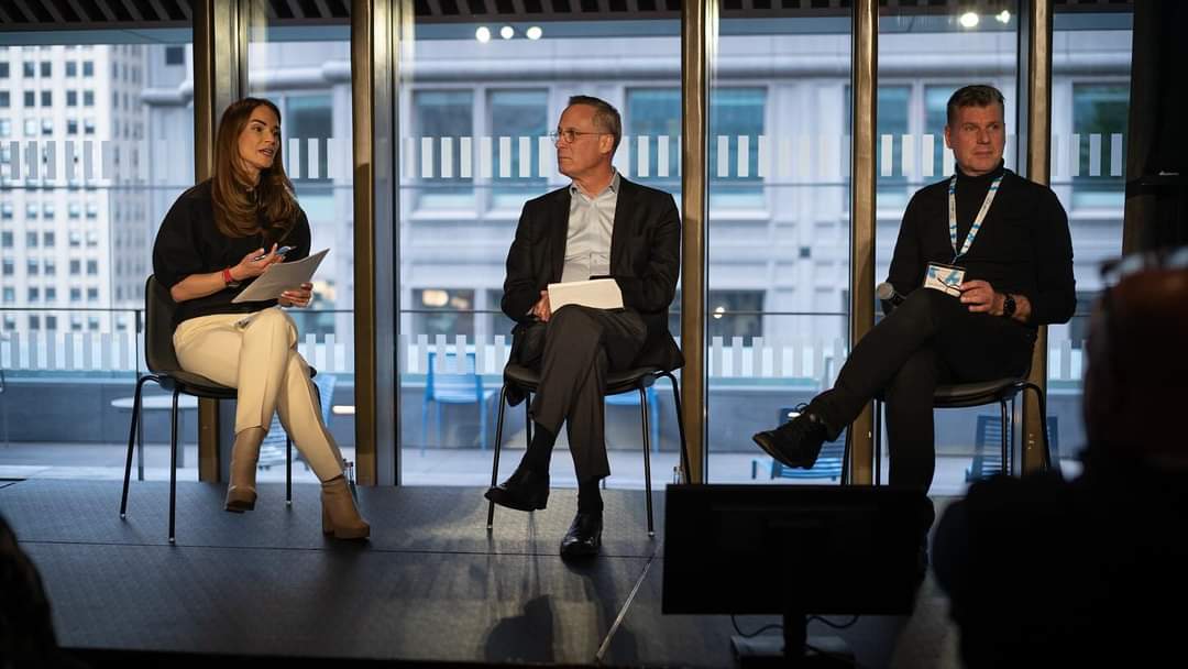 Anna-Kynthia Bousdoukou and two guest speakers at the SNF Dialogues event held at the SNFL in NY.