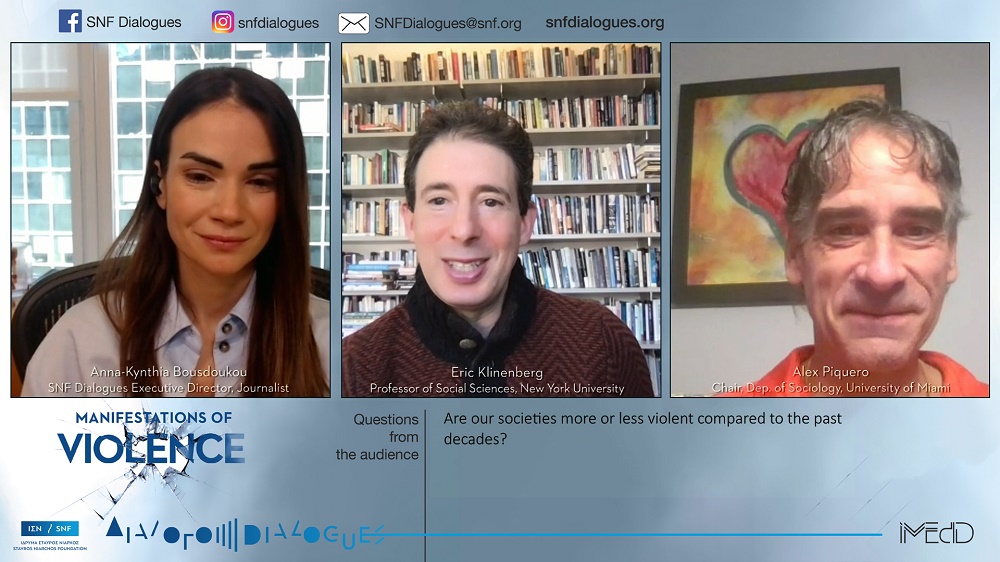 Banner with blue background and photos of Anna-Kynthia Bousdoukou and other guests for the SNF Dialogues event