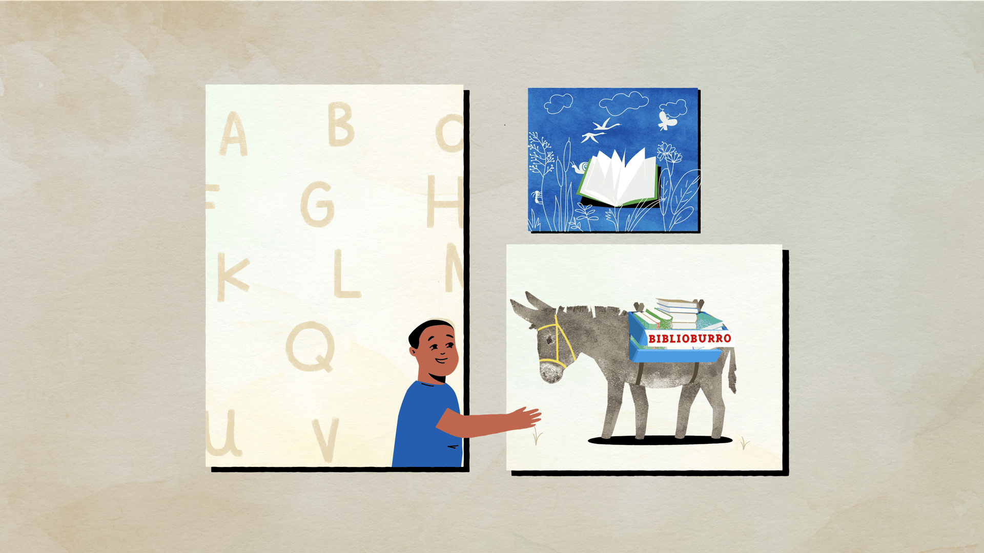 Μια εικόνα που περιέχει τρία καρέ, ένα με έναν άνθρωπο, ένα με έναν γάιδαρο και ένα με ένα βιβλίο. 